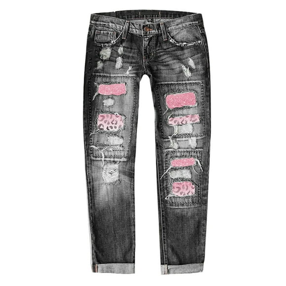 Bmisegm Women's Autumn and Winter Jeans Printed Hole Thickened Trousers Y2K Jeans for Women Pink M