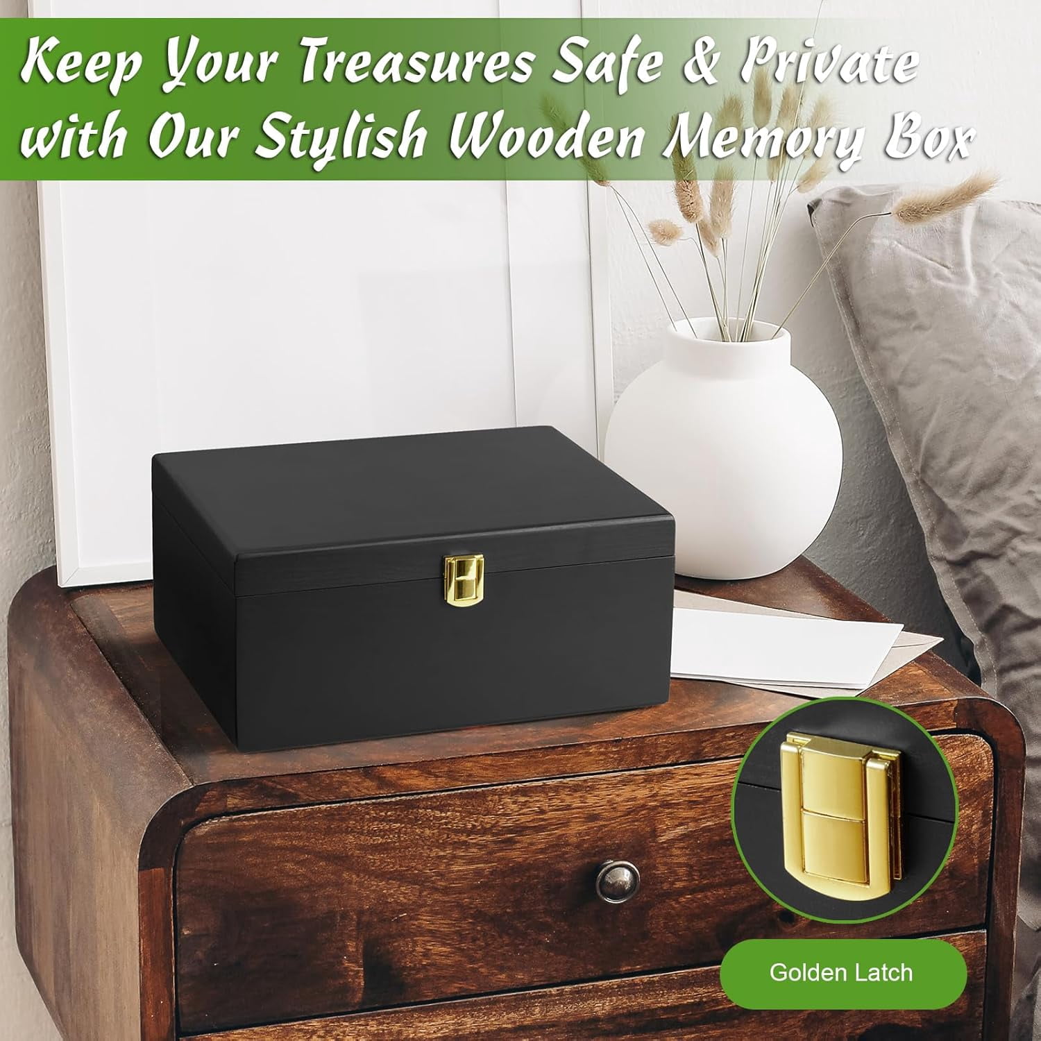 Large Wooden Keepsake Box, Black Memory Box, Decorative Storage Box with Hinged Lid, Large Card Box