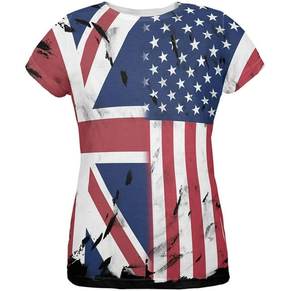 British UK American USA Flag All Over Womens T Shirt Multi LG