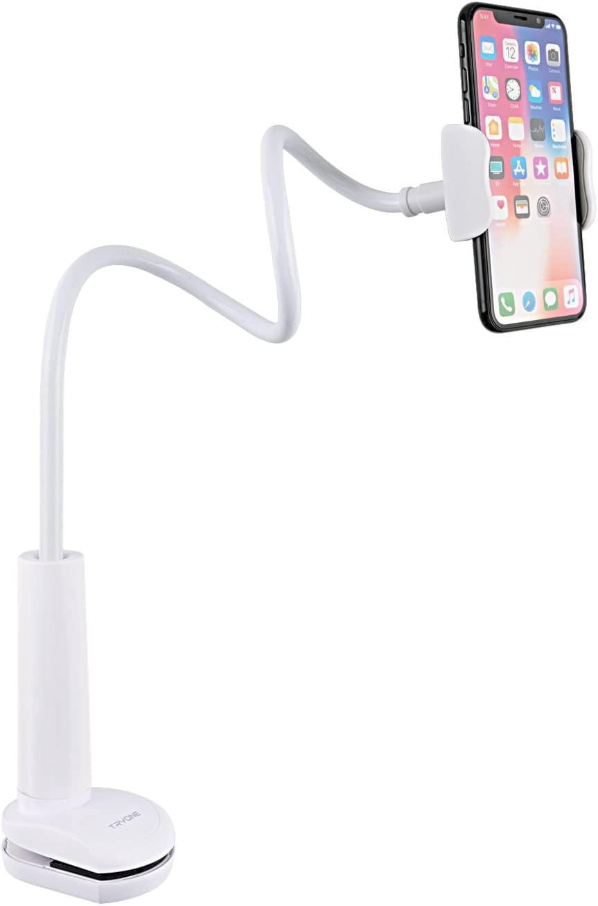 Gooseneck Phone Holder Stand for Bed Flexible Arm Adjustable Cell Phones Mount Clamp on Desk Bedframe Compatible with iPhone 14 Pro Max 13 12 11 X SE Series/Samsung S22 or Other 4"-7" Devices