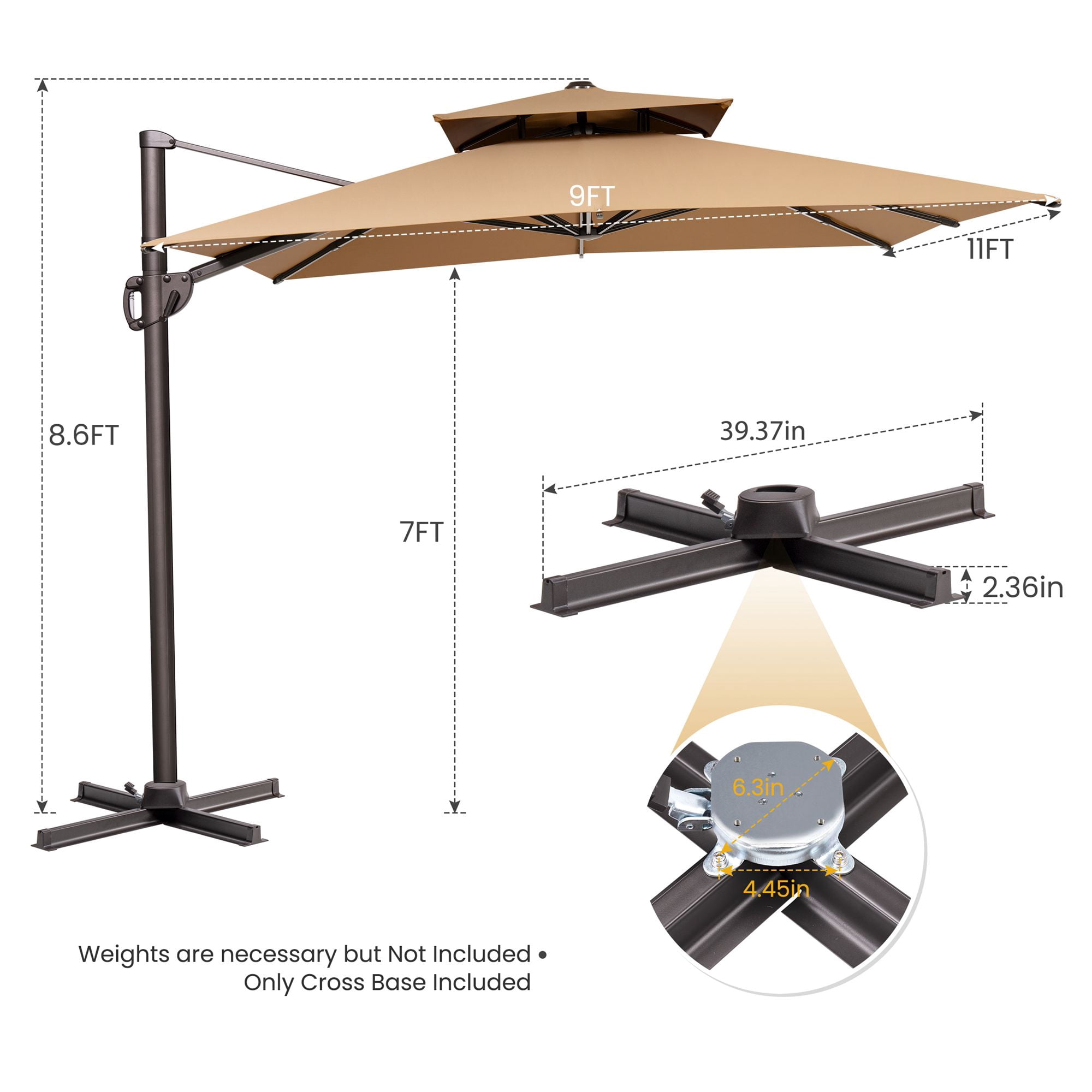 Pellebant 11 ft. x 9 ft. Rectangular Double Top Patio Cantilever Umbrella, Tan