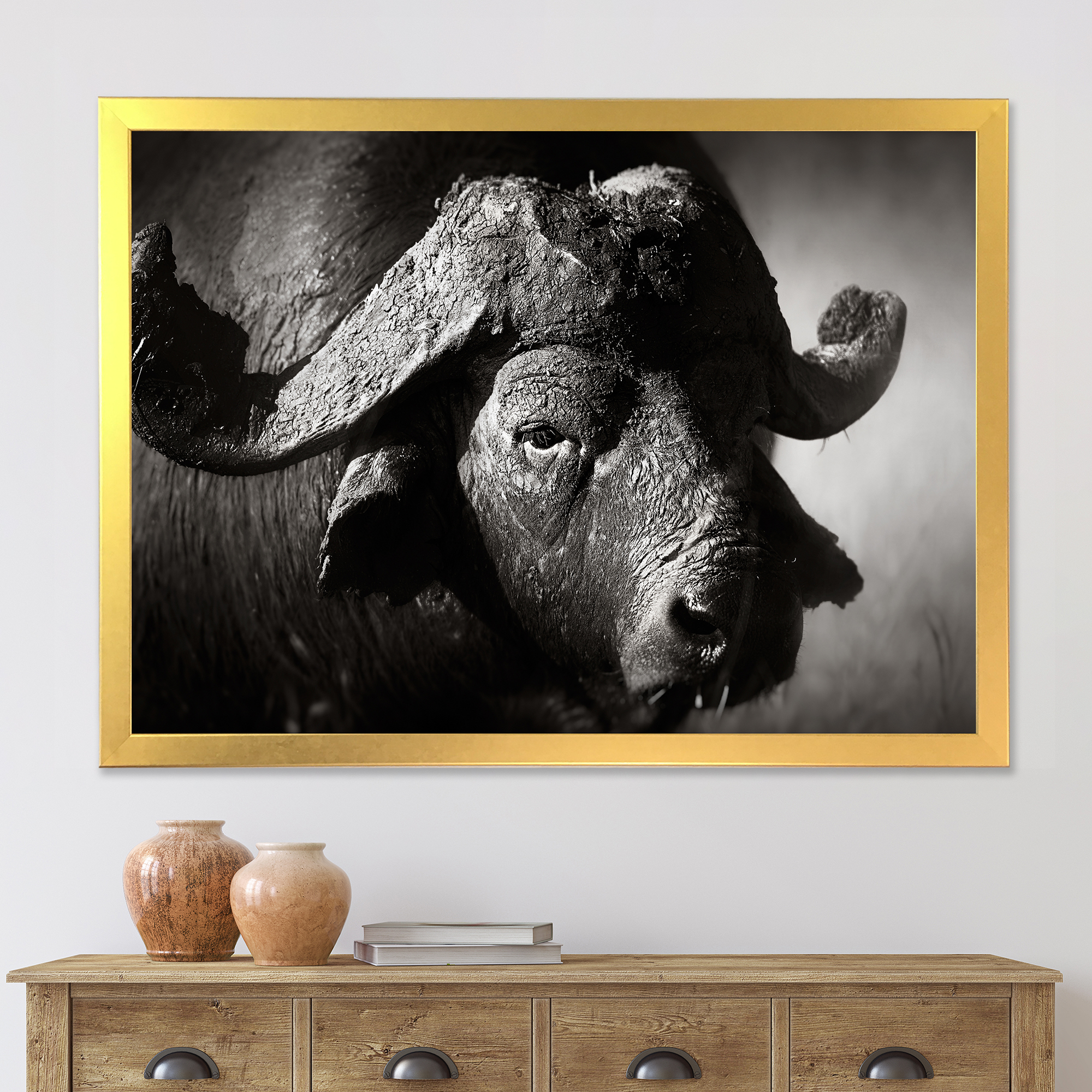 Designart 'Black and White Portrait Of Buffalo II' Farmhouse Framed Art Print