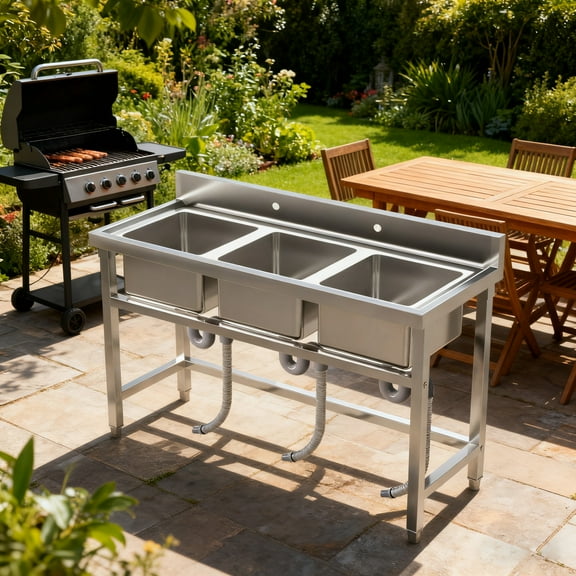 3-Bay Stainless Steel Sink Free Standing Utility Sink Kitchen Sink 3 Compartment Sink 304 Grade Laundry Tub Culinary Sink 51 Inch 9.5in H Rectangular with Legs for Garage, Laundry Room