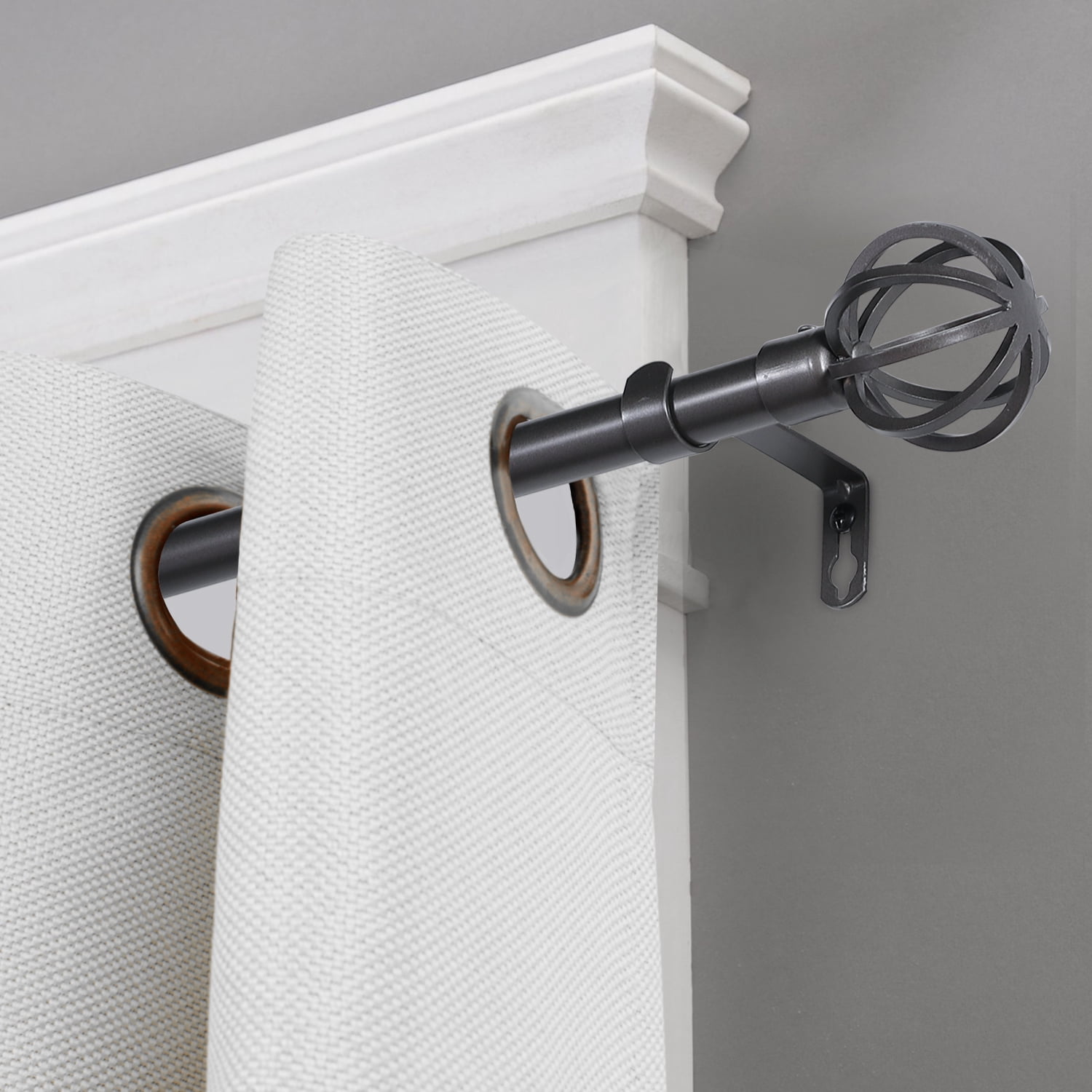 Turquoize Standard Single Adjustable Window Curtain Rod Set 3/4 in Diameter with Round Cage Finials, 28-48 in, Pewter