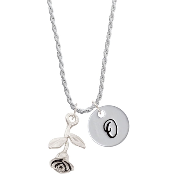 Delight Jewelry Silvertone Stemmed Rose Silvertone Script Initial Disc - O - Charm Necklace, 20"+3"