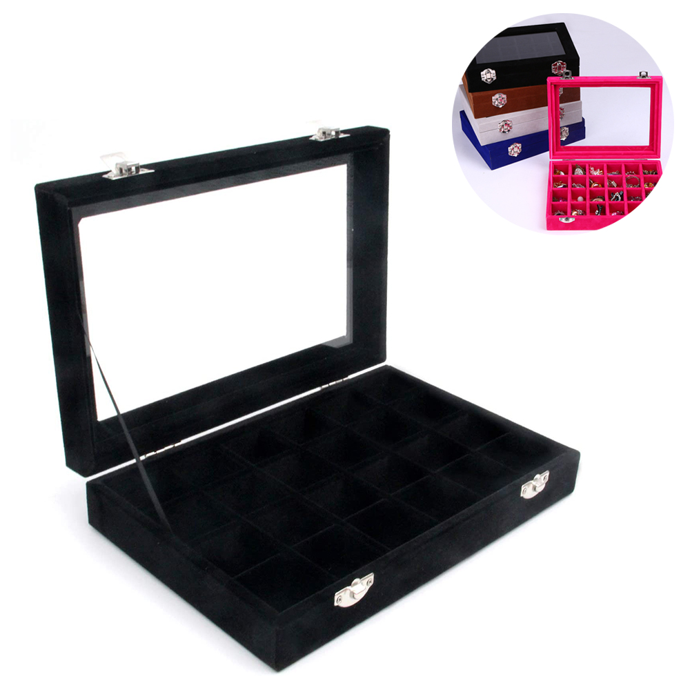 2 In 1,Size M Clear Lid Jewelry Tray,Ring Earring Necklace Jewelry Storage Organizer Ice Velvet Jewelry Display Showcase Lockable Jewelry Box Gifts for Girls Women
