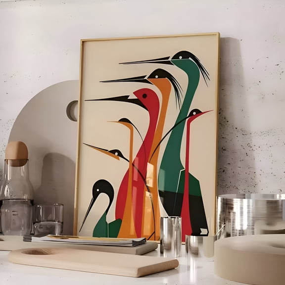 Vibrant Abstract Birds Wall Art Poster Colorful Crane Mid Century Modern Minimalist Living Room Bedroom Office Decor, UNFRAMED 8x12