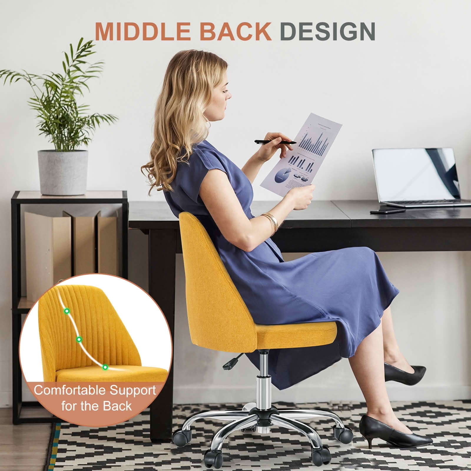 MAYEERTY Modern Fabric Armless Office Desk Chair, 360° Swivel Height Adjustable Rolling Vanity Chair with Wheels