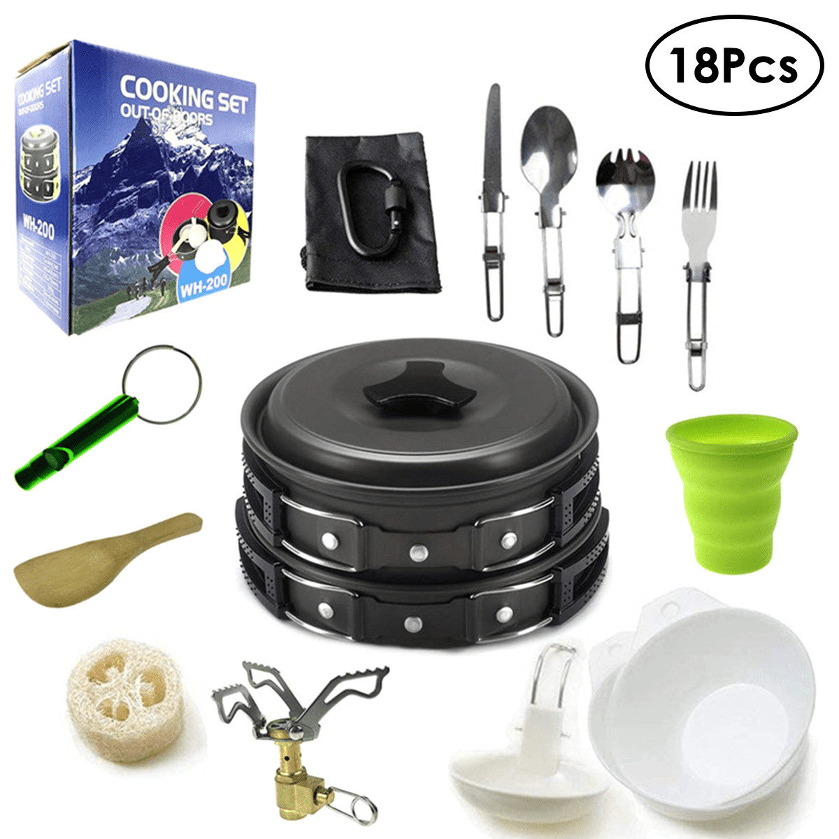 Bisgear Camping Cookware Pots and Pans Set Mess Kit Backpacking Gear Cooking Equipment 14 Piece Cookset Outdoors Bug Out Bag Hiking Bowl Fork Fire Starters Carabiner for 2 Person