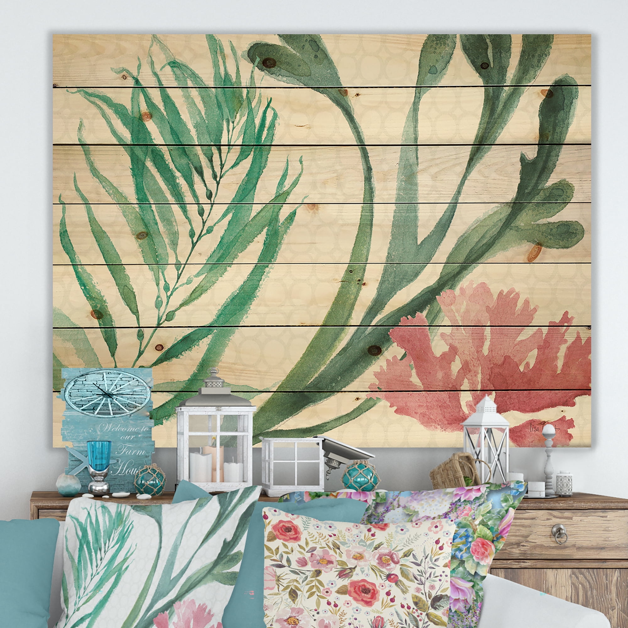 Designart 'Mixed Botanical Green Leaves III' Farmhouse Print on Natural Pine Wood