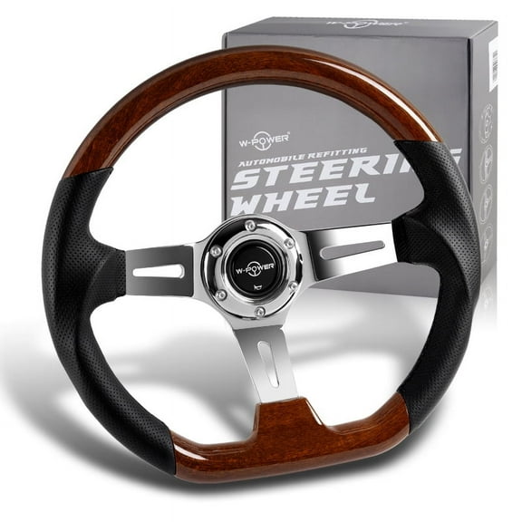 W-Power 13.5" Dark Wood Grip 6-Hole Chrome 3-Spoke Vintage 343mm Steering Wheel