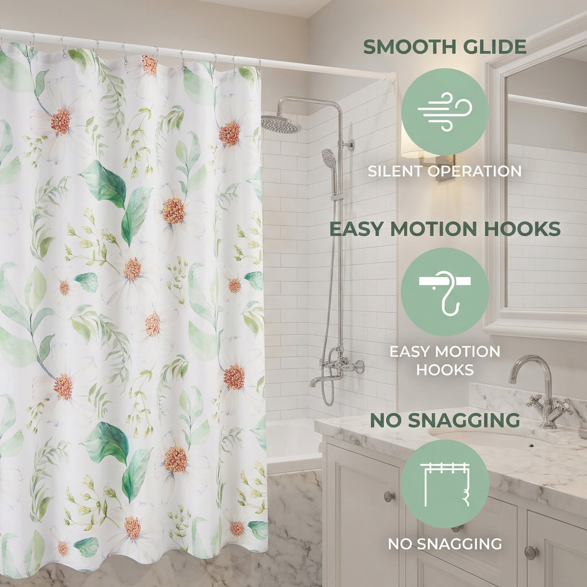 Unique Bargains Waterproof Leaf Shower Curtain Sets Hooks Green Pattern 4 71"W x 71"L