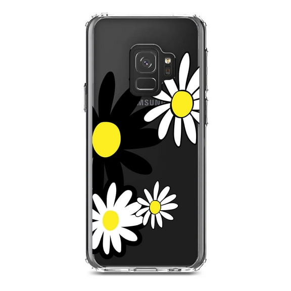 DistinctInk Clear Shockproof Hybrid Case for Samsung Galaxy S9 (5.8" Screen) - TPU Bumper Acrylic Back Tempered Glass Screen Protector - Black & Yellow Modern Daisies