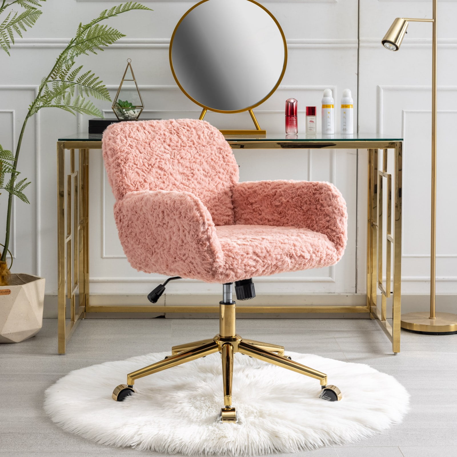 MAYEERTY Artificial Rabbit Hair Office Chair - Golden Metal Base, Adjustable Swivel, Vanity Chair, Pink