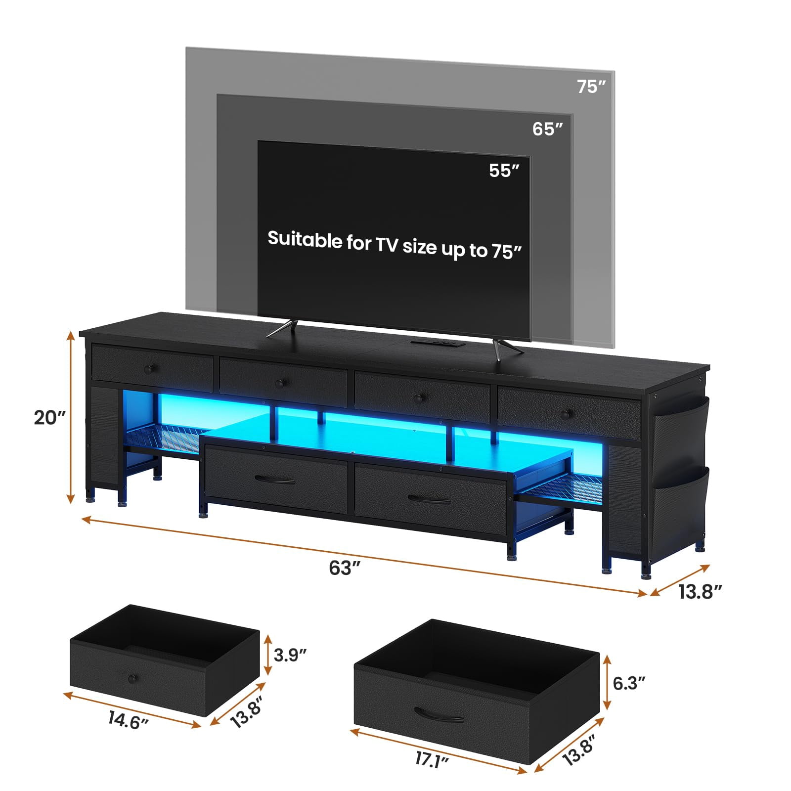 LED TV Stand with 6 Drawers & 4 Side Storage Bags & Shelves,for 65/70/75 Inch TV, 63Inch Console Table,Entertainment Center with Led Light and Power Outlets,Black