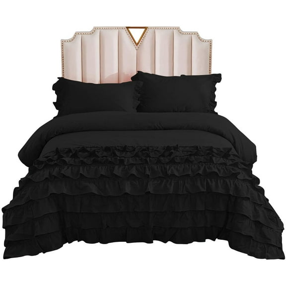 Duvet Cover 3 Piece Set Half-Ruffle (1 Duvet Cover & 2 Pillowcases) 100% Egyptian Cotton Quilt Cover with Zipper, 400TC Luxury Covers for Comforter & Blanket - Black Solid, Standard Size.