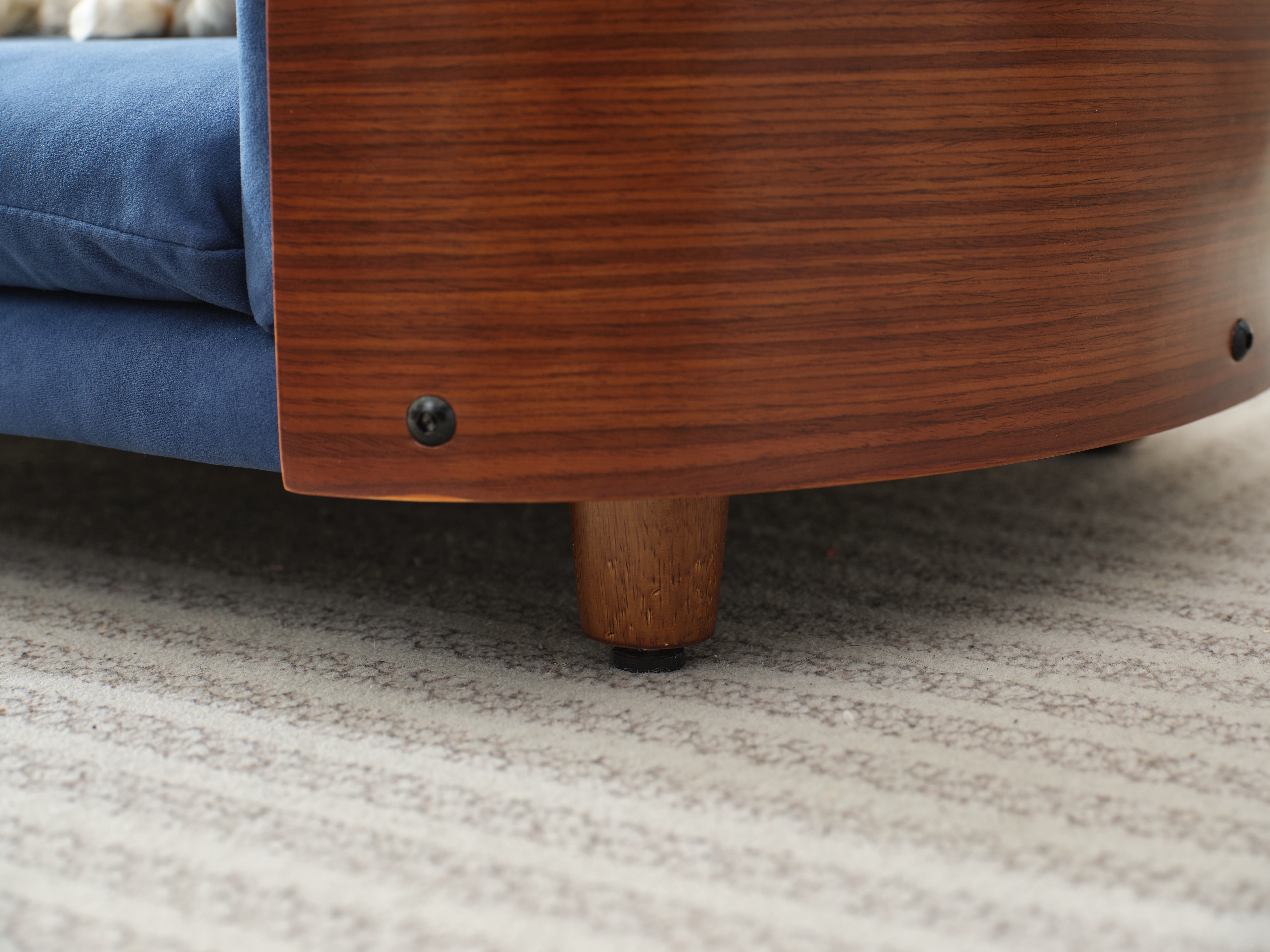 Elevated Dog Bed Pet Sofa, Small Size with Solid Wood Legs & Walnut Bent Wood Back, Velvet Dark Blue Orthopedic Pet Couch