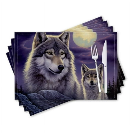 

BaHomeck placemats Set of 4 rectangle Linen Cotton Placemats for Dining Table Washable Heat Resistant 18*12inch Under The Full Moon Stood The Majestic Gray Wolf