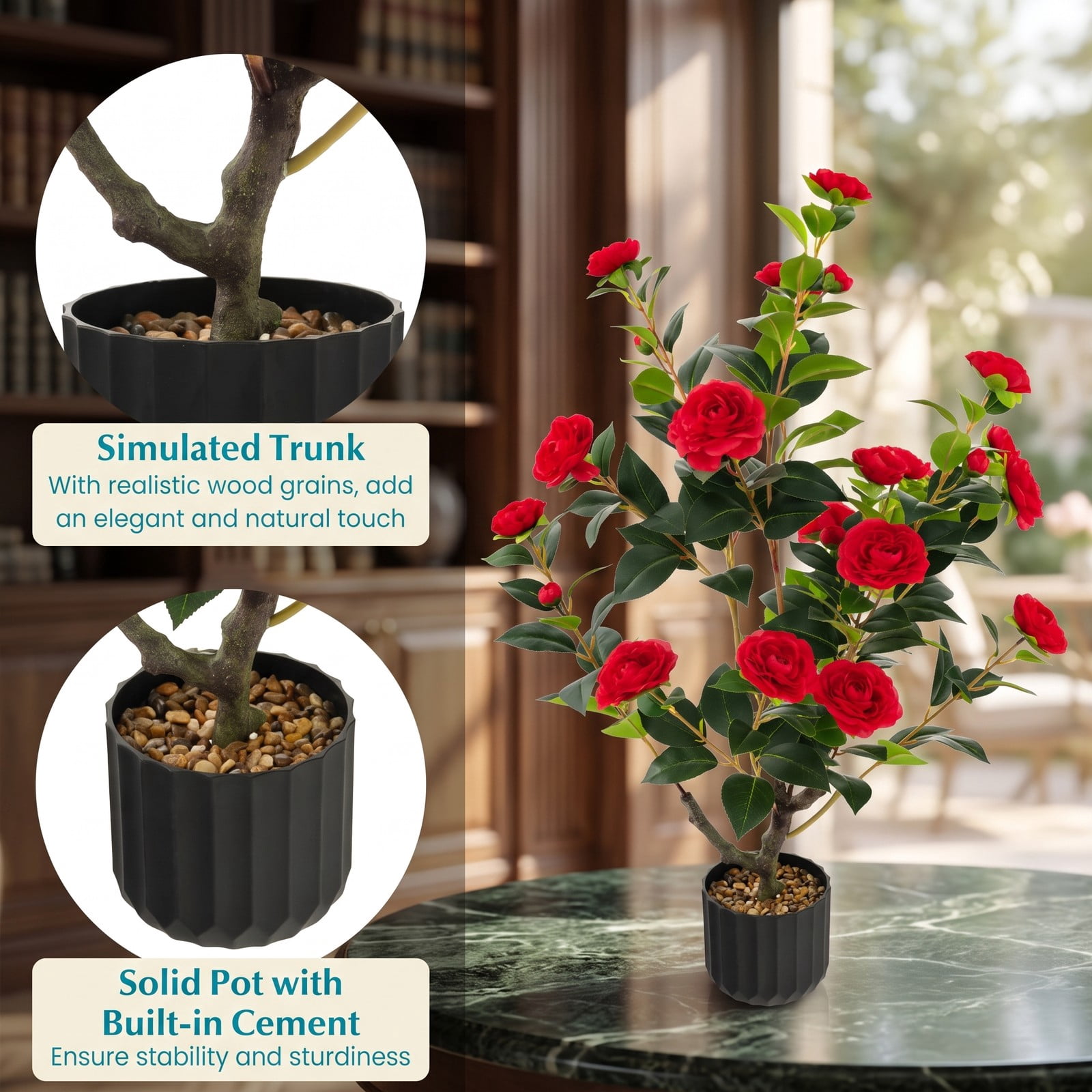 ALPULON 38 Inch Artificial Camellia Tree, Faux Silk Flower Plant with 24 Blooms in Cement Pot for Home Office Living Room Entryway Decor, No Watering Required, Red