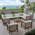 thumbnail image 6 of GDF Studio Cascada Outdoor Acacia Wood 11 Seater Sectional Sofa and Club Chair Chat Set with Cushions, Gray and White, 6 of 11