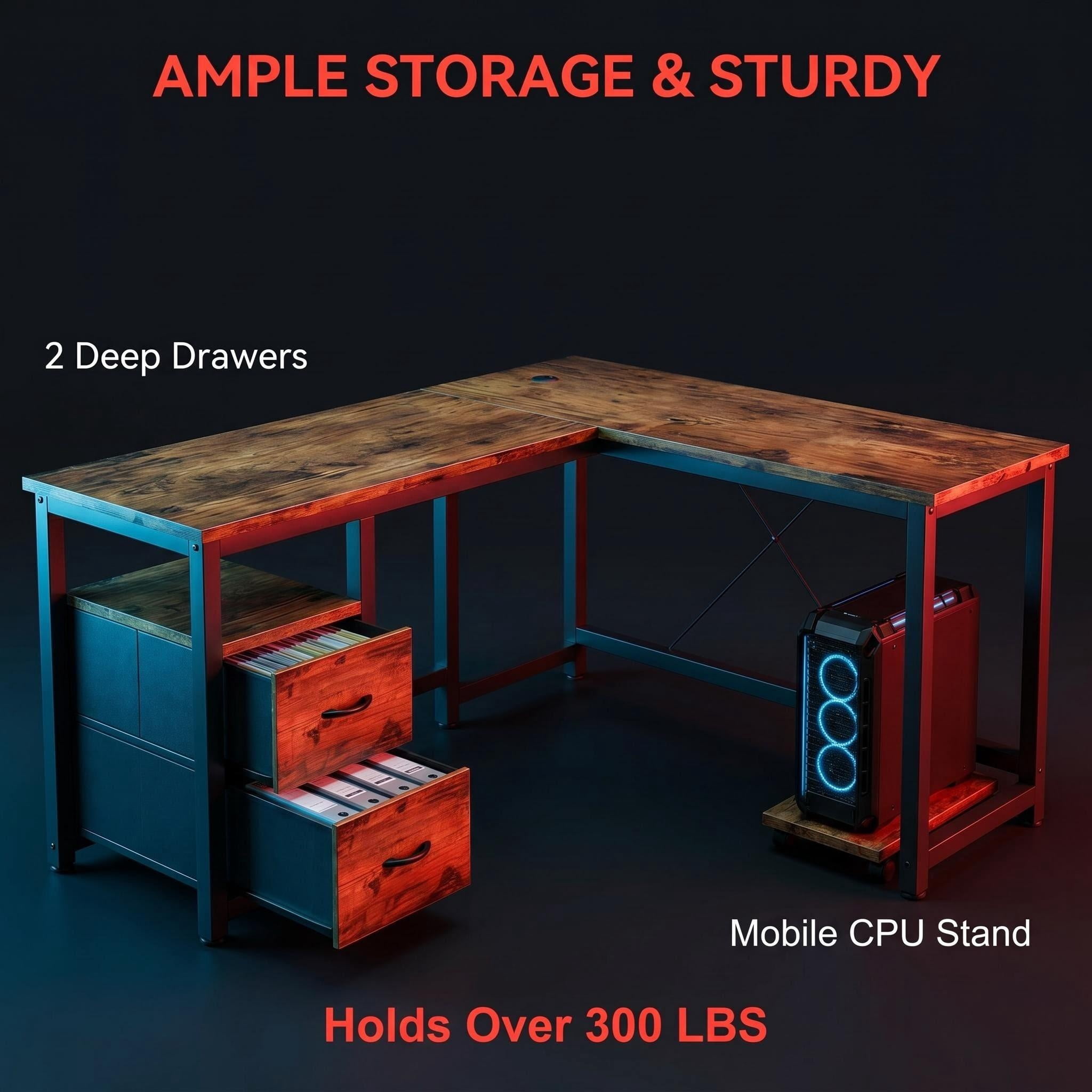 Lofka 66" L Shaped Desk with Drawers for Home Office, Computer Desk with Power Outlet, Gaming Desk Retro Brown