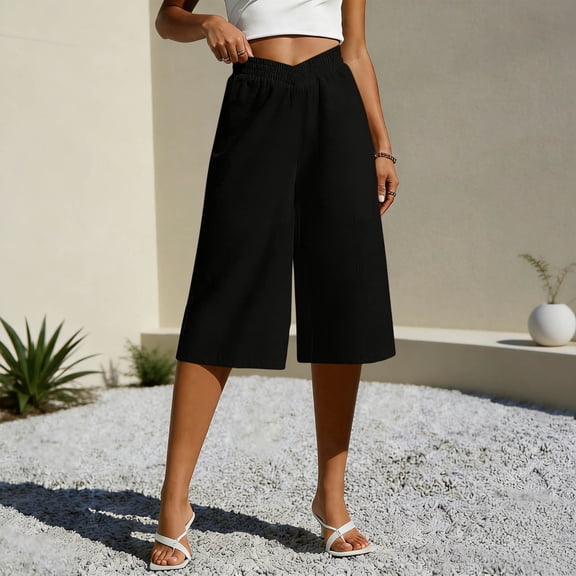 Capri Pants for Women Cotton Linen Wide Leg Cropped Pants Summer Solid Color Casual Loose Elastic Waist Palazzo Trousers with Pockets Beach Vacation Outfits