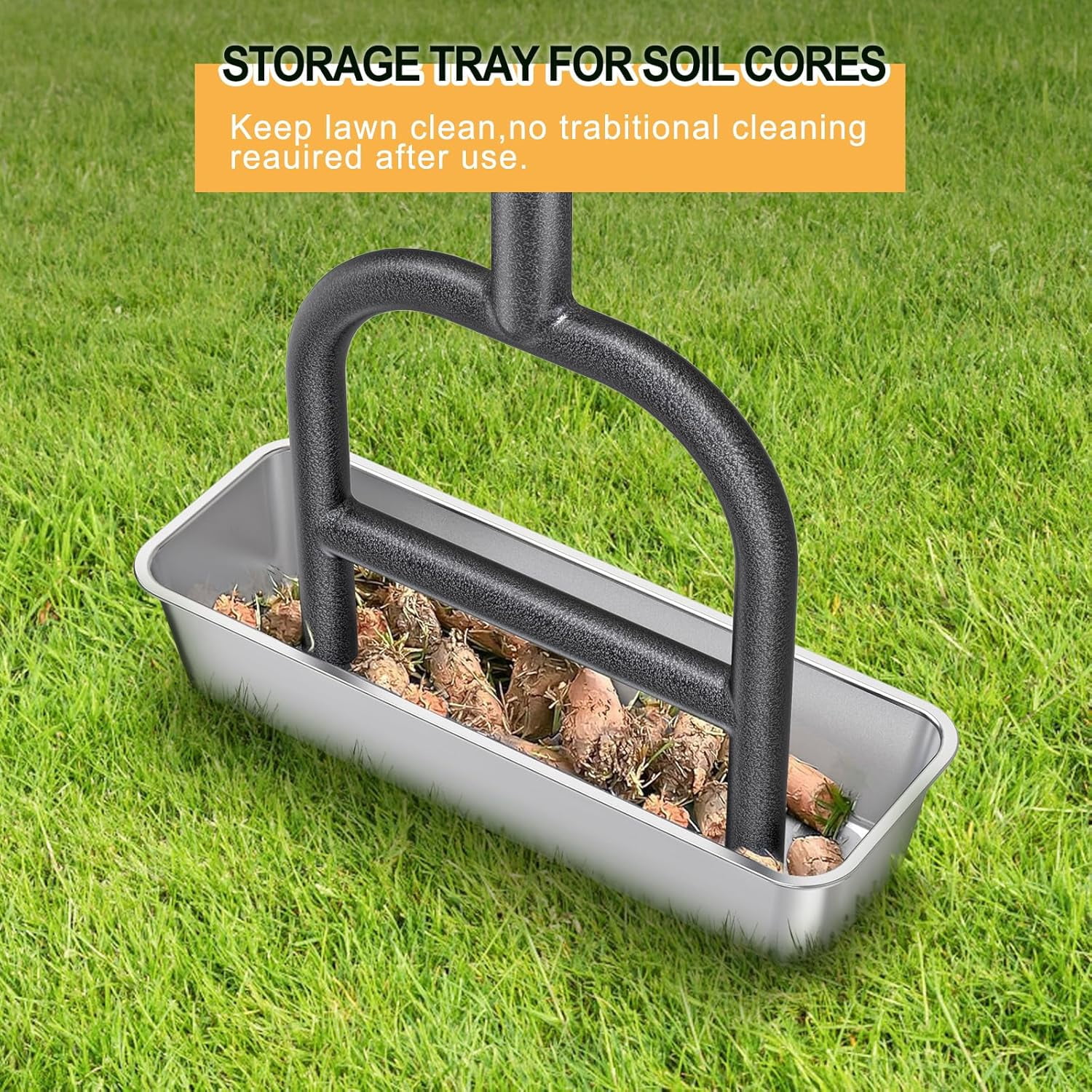 Manual Lawn Aerator with 4 Stainless Steel Coring Tines, Soil Core Storage Tray, and Pre-Assembled Handle for Healthier Grass