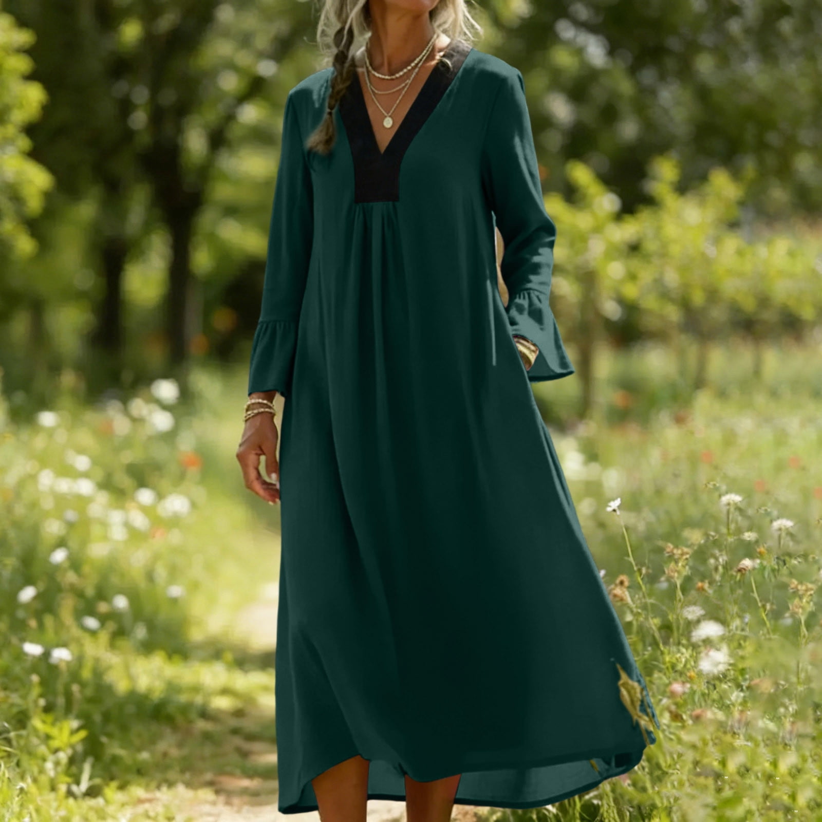 LVHAOGJOB Dresses for Women with Pockets Cotton Linen Summer Maxi Dress Long Plus Size V Neck Mujers Sundress Print
