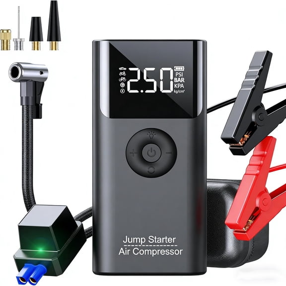 Jump Starter with Air Compressor, 2500A 150PSI Portable Car Battery Jump Starter Pack, 12V Jump Box wSith UB Fast Charge, for up to 9.0 Gas/8.0L Diesel Engine, 3 Modes Lights/Large LCD Display