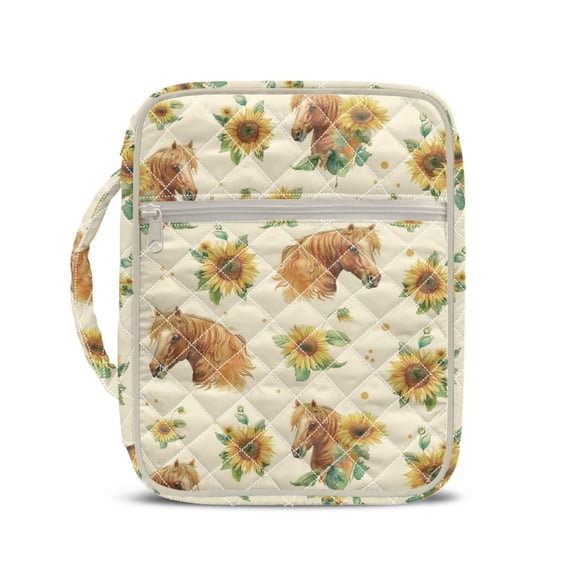 HELLHERO Polyester Quilted Bible Cover Case with Zipper Pocket, Watercolor Sunflower & Horse Pattern Pockets Portable Bible Bag Protector for Pilgrimages