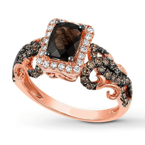 Dark Brown Quartz Ring in 14k Rose Gold Finish - Halo Diamond Ring - Gift For Wife
