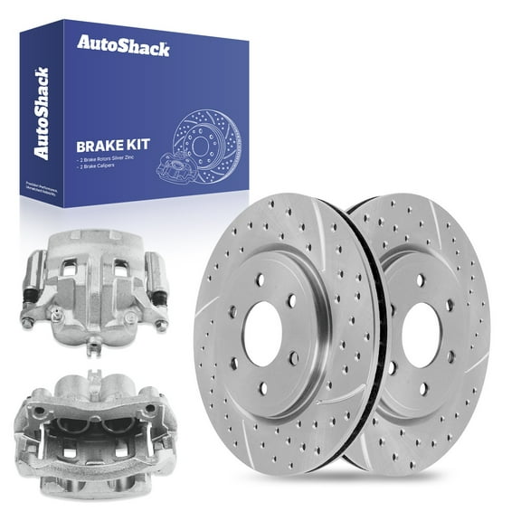 AutoShack Front Vented Drilled & Slotted Silver Zinc Coated Brake Rotors   Calipers 4-PC Brake Kit Replacement for 2005-2025 Nissan Frontier 2005-2015 Nissan Xterra SilverShield Pro 11.65" (296 mm)