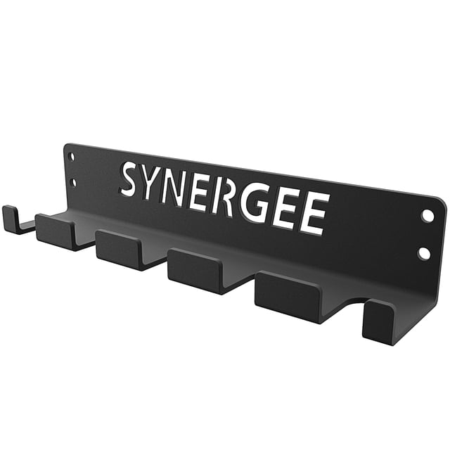 Synergee 1, 2 or 5 Barbell Holder. Vertical Hanging Barbell Rack. Holds Bars, Curl Bars, Hex Bars, Tricep Bars. Excellent Compact, Vertical Storage. Organization for Home, Commercial, Garage Gyms.