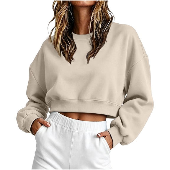 Gytharion Women's Fall and Winter Cropped Sweatshirts Solid Color Crew Neck Long Sleeve Sweatshirts Fashion Casual Pullover Blouses