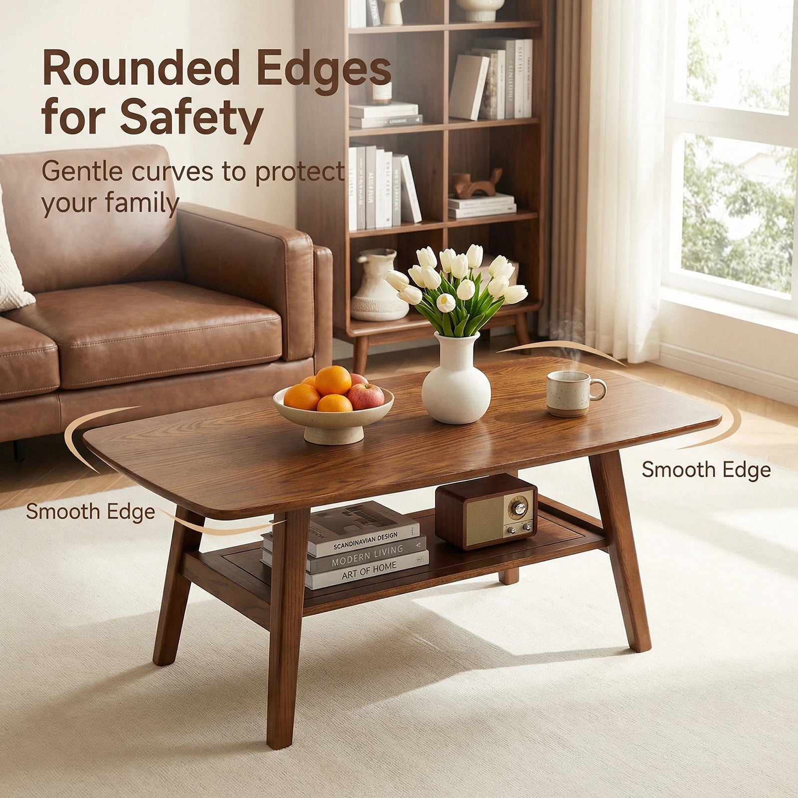 Hommoo Mid Century Modern 2-Tier Coffee Table with Rounded Corners amd Storage Shelf, Wooden Coffee Table, for Living Room, Office, Apartment, Walnut