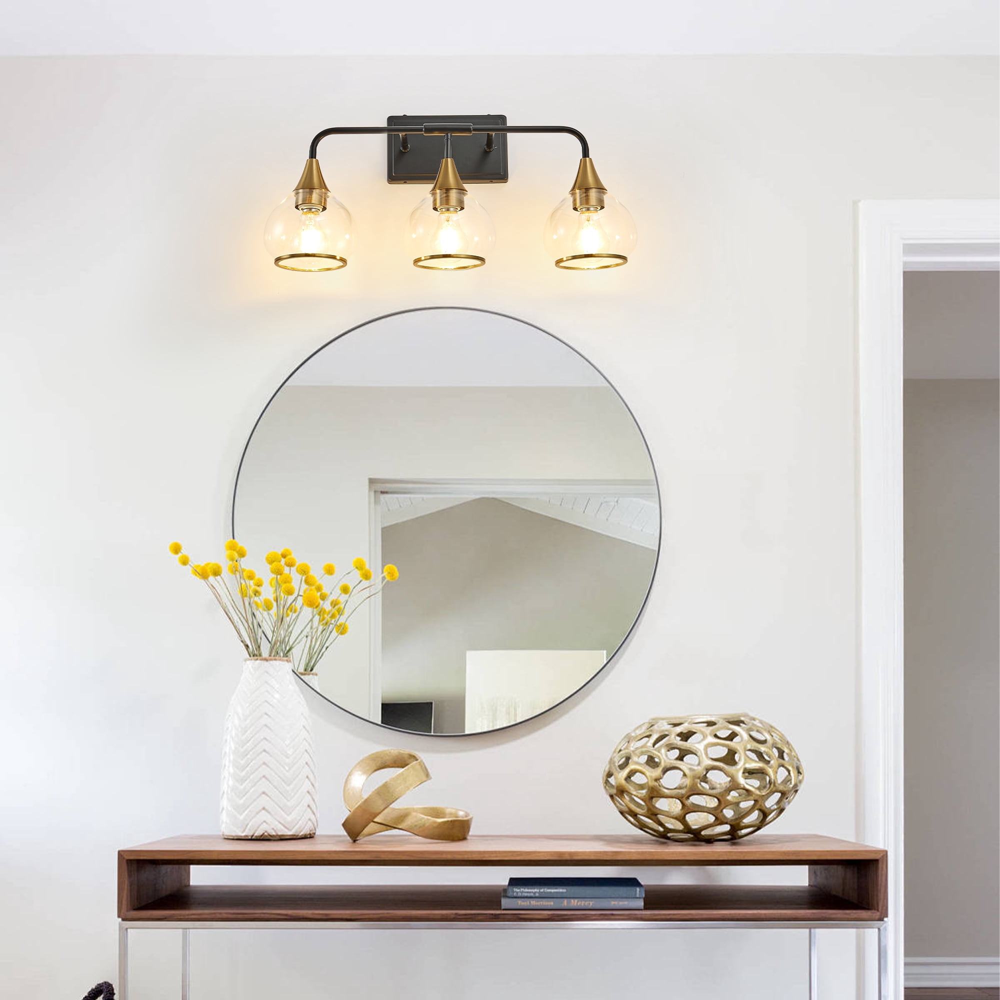 Art Deco 3-Light Vanity Light Fixture,  Bathroom Wall Sconce with Clear Glass Shades, Black and Gold, 23 Inch Modern