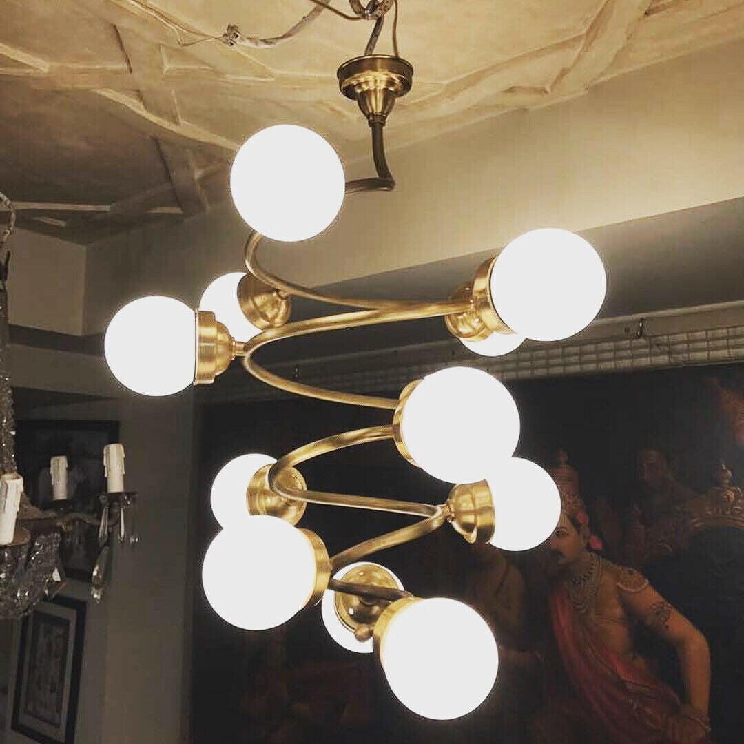 Vintage Art Deco Fixture Ceiling Brass Hanging 12 Light Milk Glass Shade Lamp