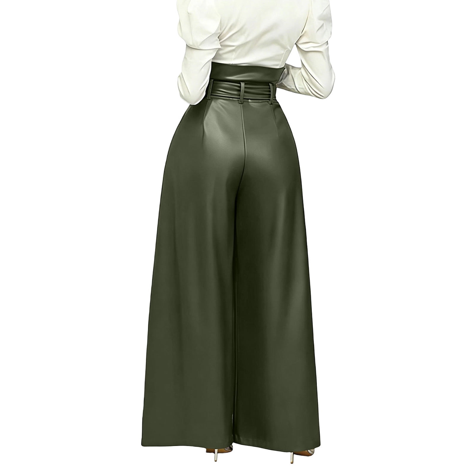 YueHuiYing Women's Fashion Solid-Color Casual High-Waisted Belted Pocket Pleated Flare Pants Faux Leather Pants