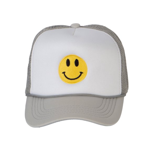 Gravity Threads Smile Face Embroidery Adjustable Trucker Hat - Smile - White/Grey