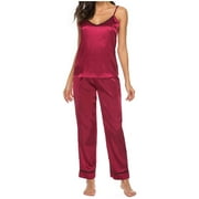 jovati Women Pajama Sets Women Sleepwear Sleeveless Strap Nightwear Lace Trim Satin Cami Top Pajama Sets