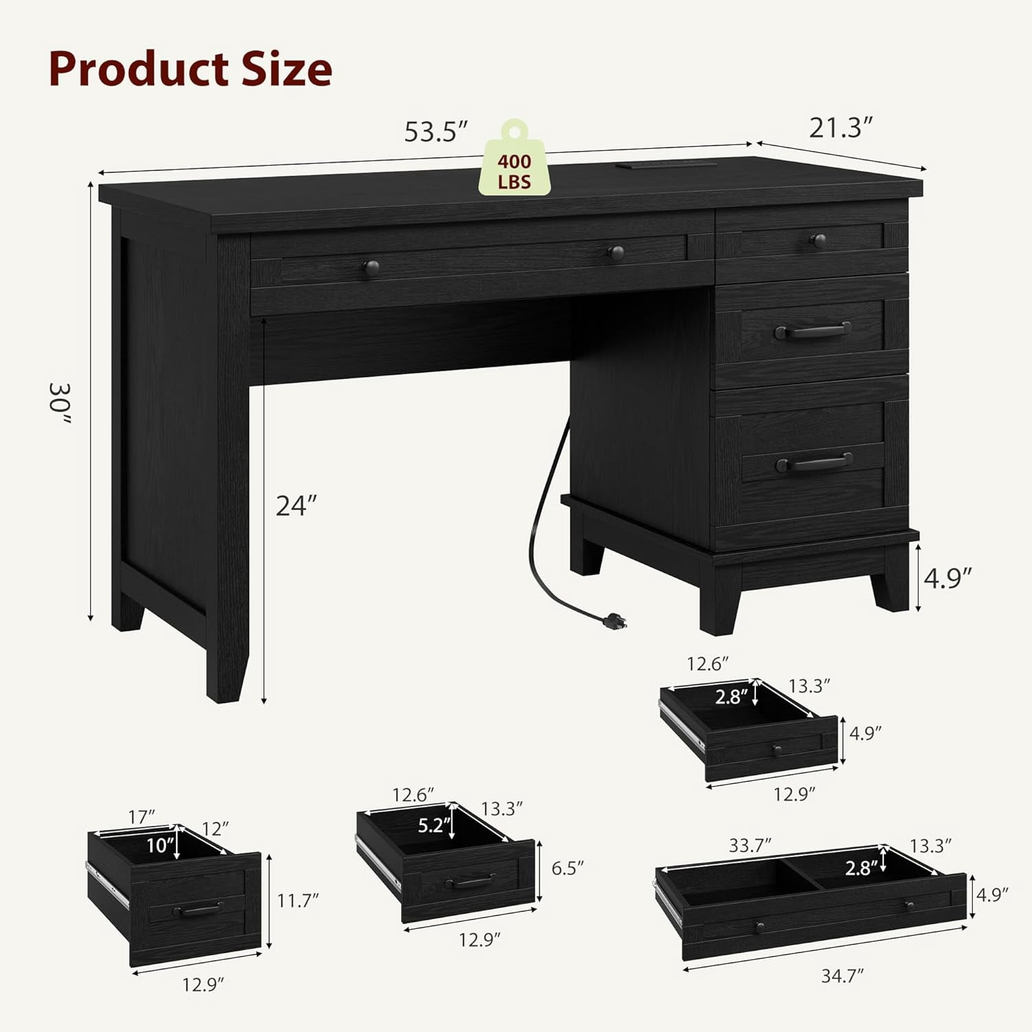 Farmhouse Office Desk with File Drawer, 53.5" Wooden Computer Desk, Executive Computer Desk Workspace for Home