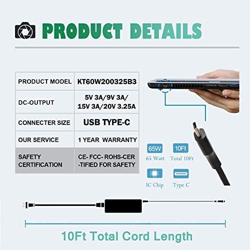 65W 45W USB-C Tipo-C Cargador de CA para Lenovo Chromebook 100e 300e 5