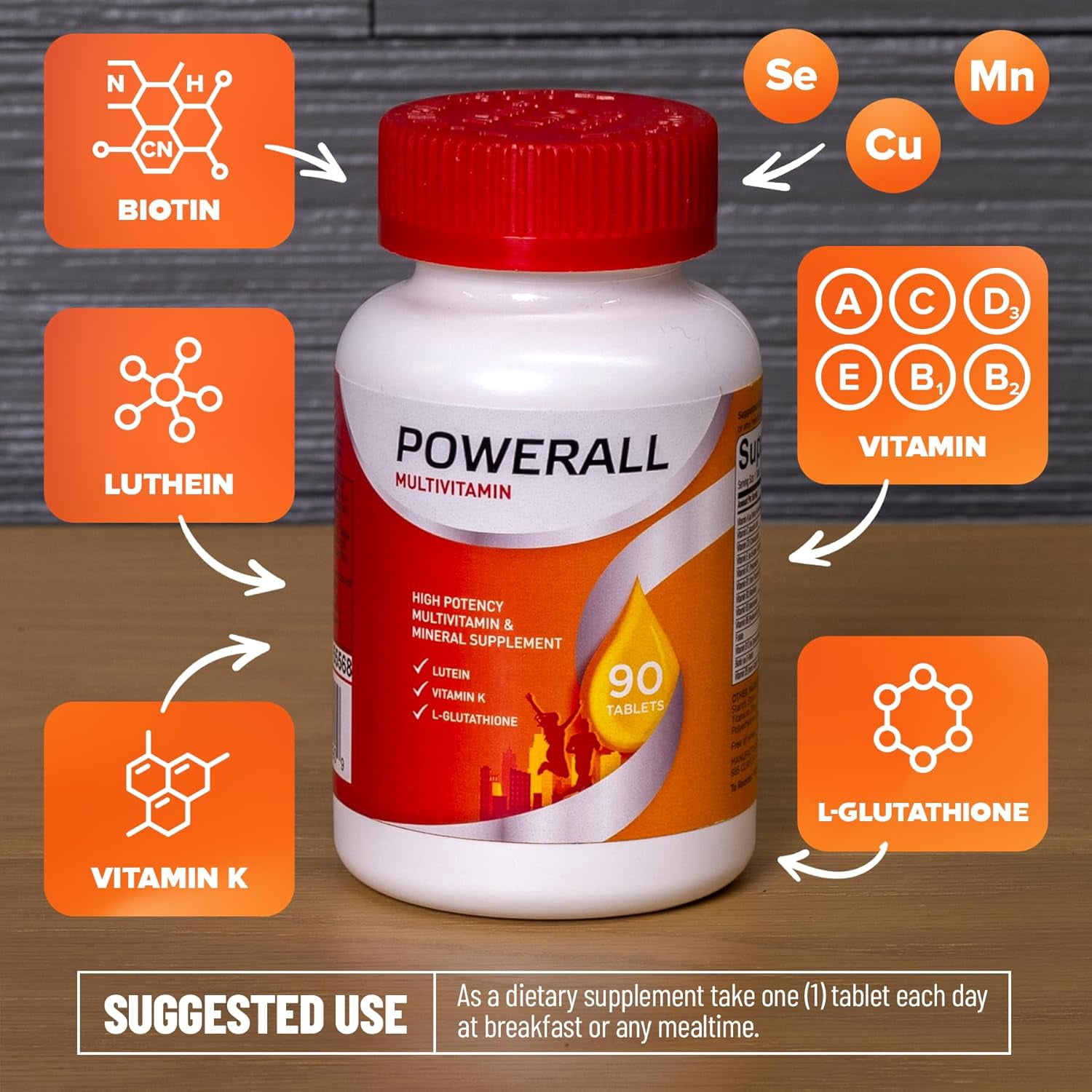 PowerAll Multivitamin - Lutein, Vitamin K & Iron for Vision, Immunity & Bone Health 90 Count
