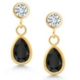 thumbnail image 3 of Gem Stone King 14K Yellow Gold Black Onyx and White Lab Grown Diamond Dangle Earrings for Women (0.96 Cttw, Gemstone December Birthstone, Pear Shape 6X4MM, Round 3MM), 3 of 5