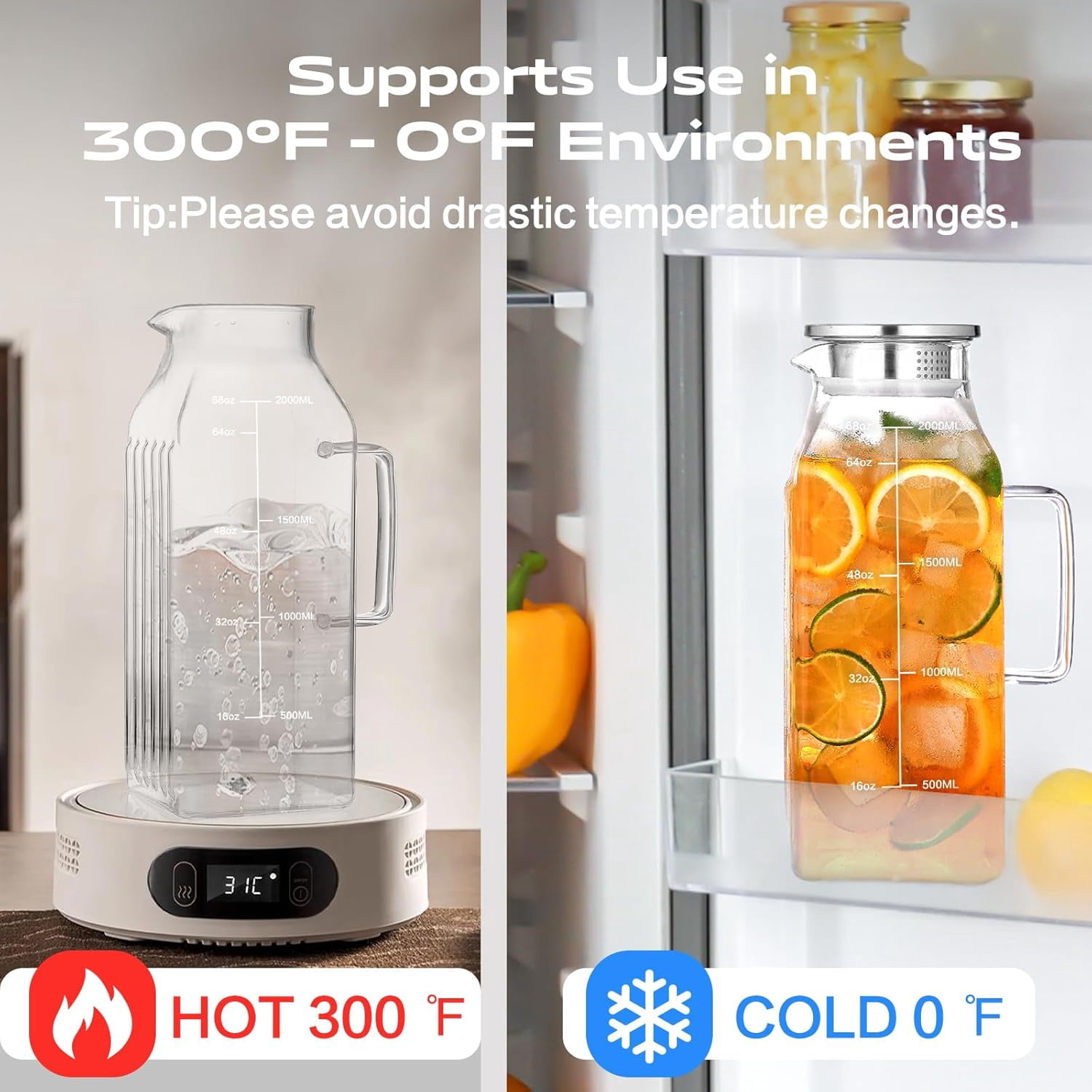 Aofmee 68oz Glass Pitcher with Lid, 2L Square Water Carafe for Refrigerator side door, Borosilicate Carafe for Water, Juice, Iced Tea