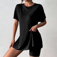thumbnail image 2 of WAYUTE Short Sets Women 2 Piece Outfits Casual Solid Round Neck Short Sleeve Summer High Slit Top Shirt Shorts Set, 2 of 7