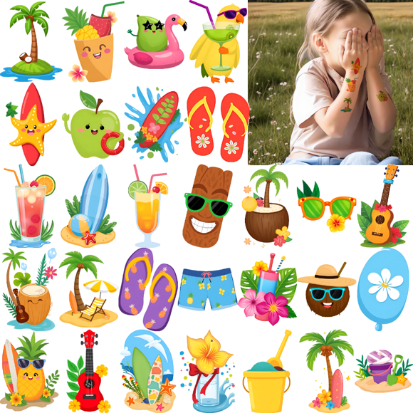 54 Temporary Tattoo Stickers Waterproof Long Lasting Body Stickers Hawaiian Beach Coconut Tree Ice Cream Swim Ring Kids Boys Girls Tattoo Stickers Arm Forearm Shoulder Cheek