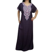 Mogul Womens Maxi Kaftan Nightdress Purple Embroidered Maxi Dress Cotton Caftan Nightgown Lounger