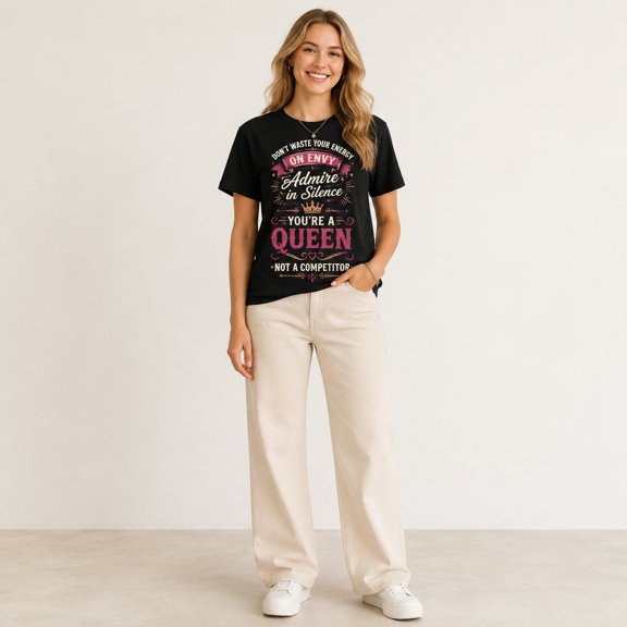 Women's Don't Waste Your Energy On Envy Admire In Silence You're A Queen Graphic T-Shirt, Black Short Sleeve Crew Neck Casual Summer Tee