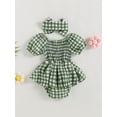 thumbnail image 4 of Genuiskids Newborn Baby Girls Romper Dress 3 6 12 18 Months Infant Checkerboard Plaid Puff Sleeve Off Shoulder Ruched Skirt Bodysuit Headband Summer Clothes 0-18M, 4 of 9